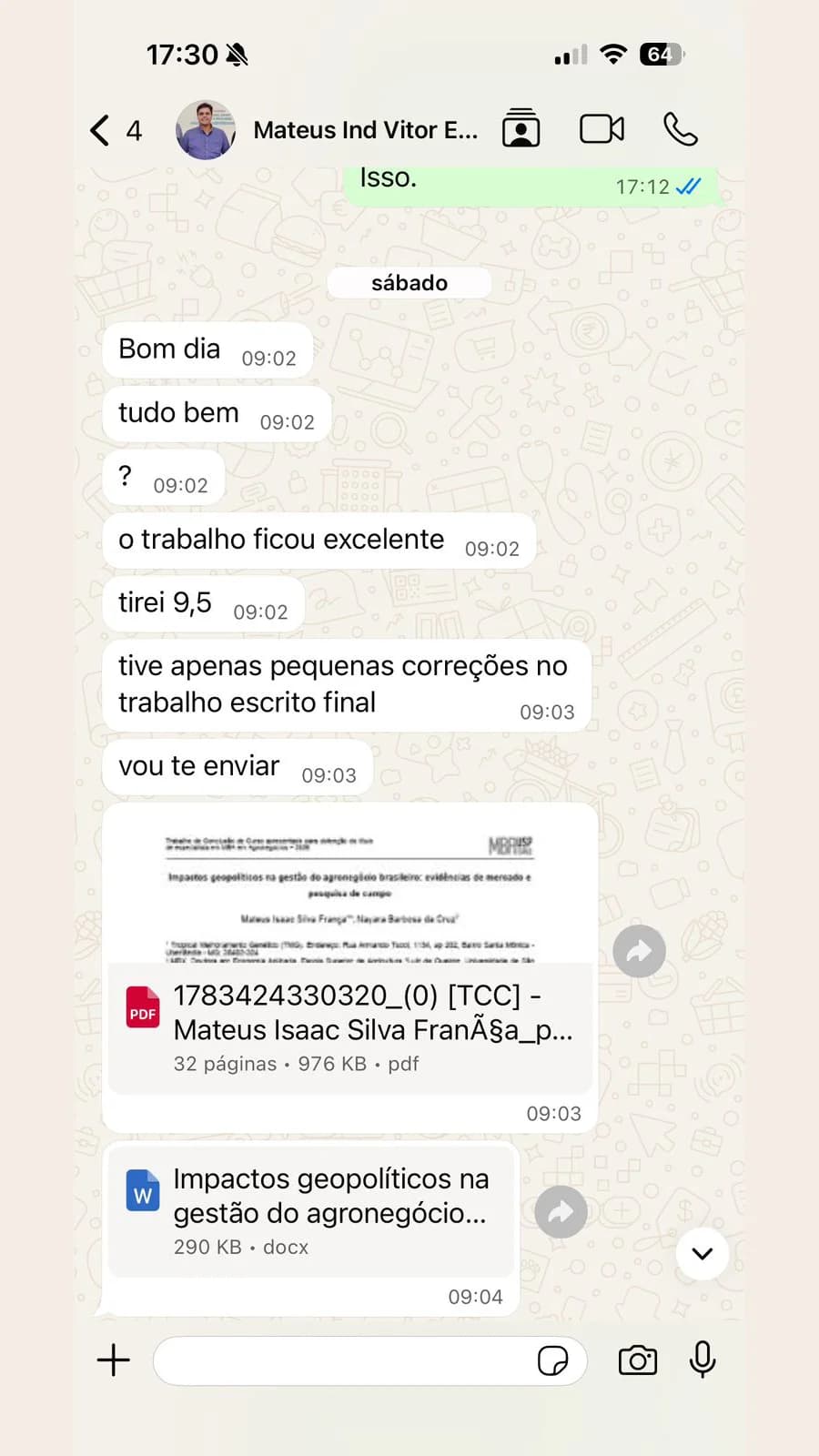 Avaliação 9,5 para o trabalho acadêmico