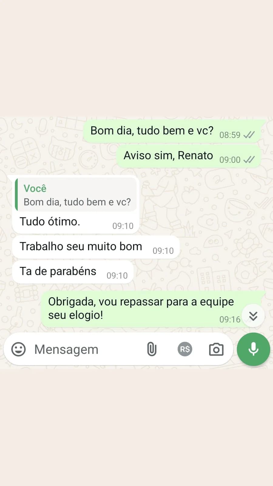 Elogio espontâneo à qualidade do trabalho